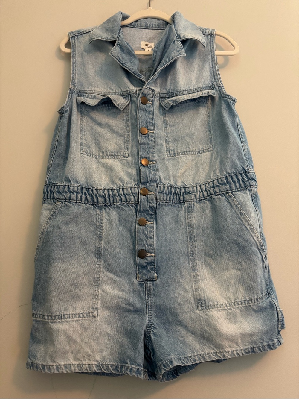 a.n.a Washed Denim Short Romper / Short Jumpsuit Size Medium Button Up W Pockets
